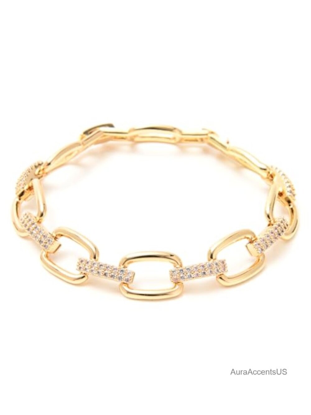 Gold Plated Paperclip Chain Bracelet with CZ Charm - Toggle Clasp Dainty